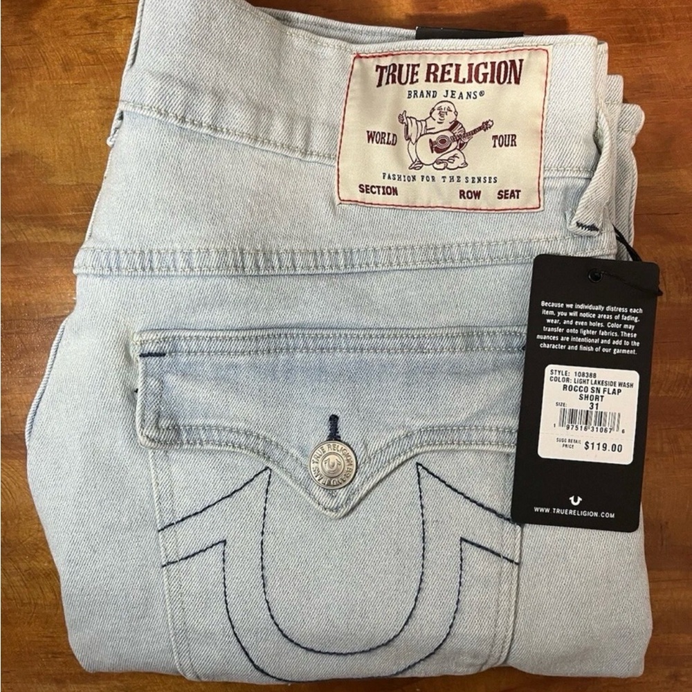 TRUE RELIGION Rocco Jean Shorts Men's Sz 31 Light Wash Relaxed Skinny Flap New - Picture 1 of 9